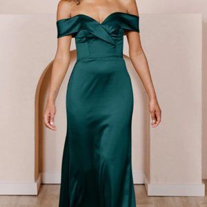 Emerald Forest Green Satin Bardot Off-the-shoulder Bridesmaid Dress Revelry Sz 0